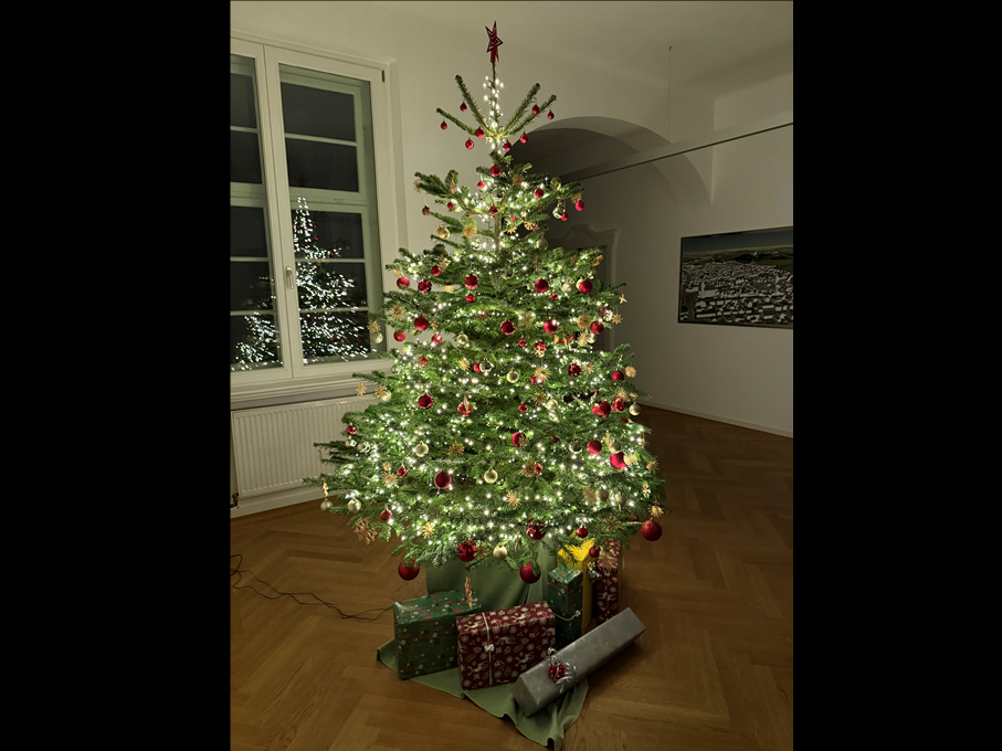 Christbaum mit Lichterkette und Schmuck steht im Wartebereich eines Amtsgebäude
