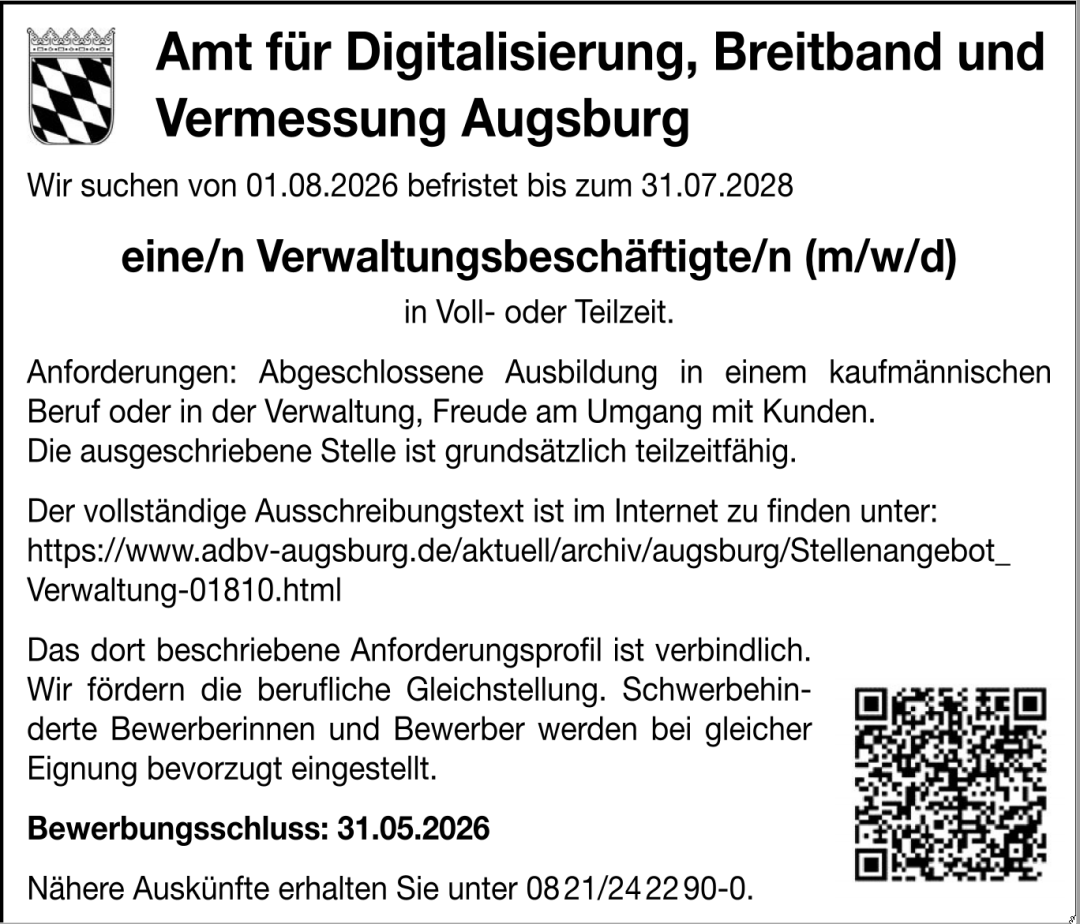 ADBV Augsburg Stellenanzeige Verwaltungskraft ab 01.08.2026